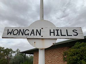 Wongan Hills town sign at the rail station in Wongan Hills, Western Australia
