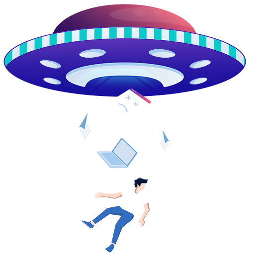 A UFO illustration of a man being aducted with this laptop and documents