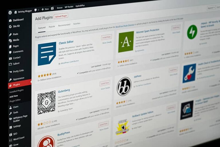 The plugins dashboard on a WordPress website
