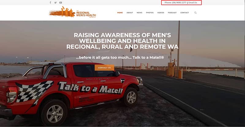 An example of great website navigation from the Regional Men's Health website which has their contact details to the top right of the screen to easily find and contact them