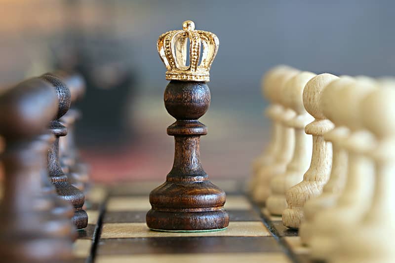 A brown queen on a chest board surrounded by white and brown pieces