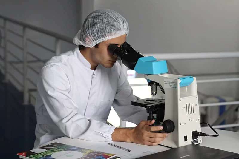 A doctor looking at a medical slide