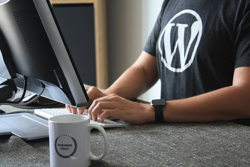 A WordPress web developer sitting at his desk and working on his computer