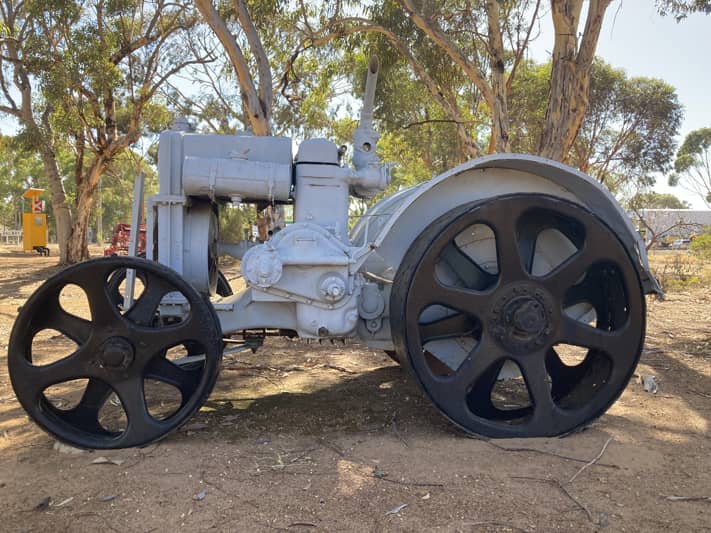 A silver painted tractor in Brookton as street art