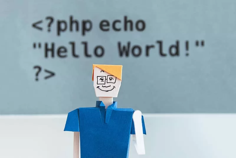 A paper cutout man with php echo hello world code in the background