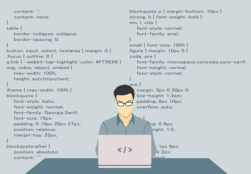 A graphic of a web developer with css code in the background.